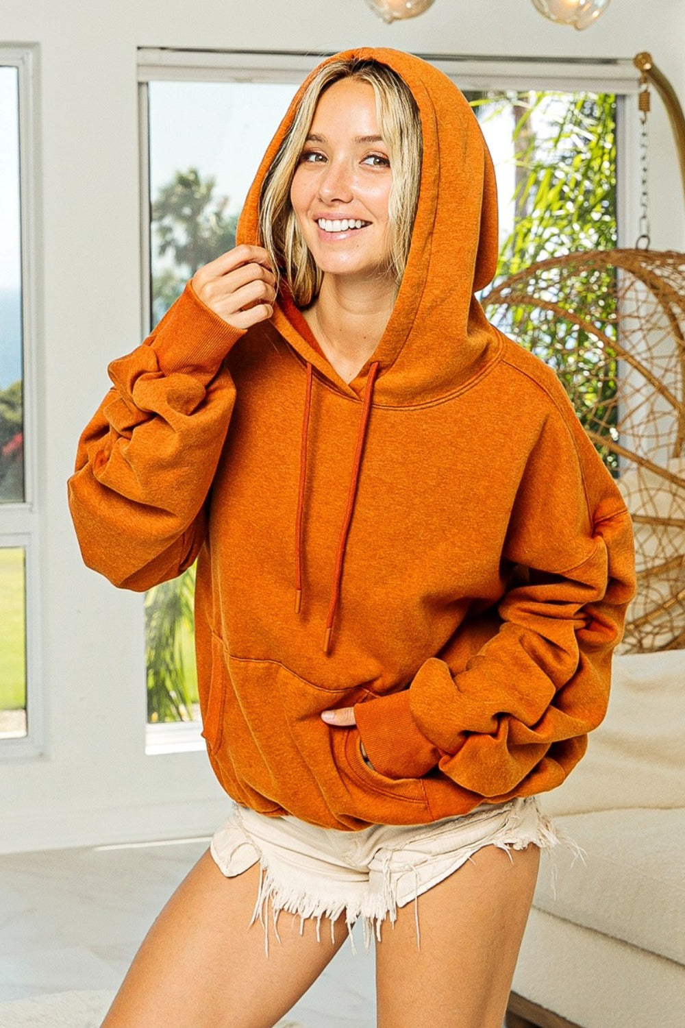 BiBi Ruched Long Sleeve Washed Fleece Hoodie